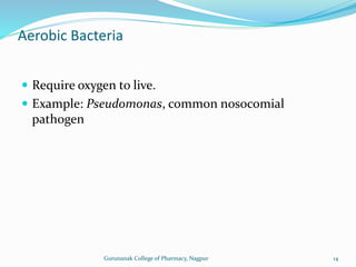  Require oxygen to live.
 Example: Pseudomonas, common nosocomial
pathogen
Aerobic Bacteria
14
Gurunanak College of Pharmacy, Nagpur
 