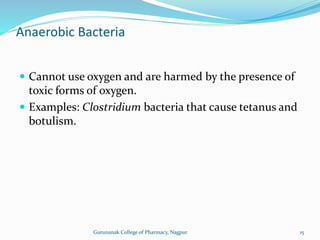 Anaerobic Bacteria
 Cannot use oxygen and are harmed by the presence of
toxic forms of oxygen.
 Examples: Clostridium bacteria that cause tetanus and
botulism.
15
Gurunanak College of Pharmacy, Nagpur
 