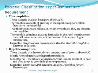 Bacterial Classification as per Temperature
Requirement
 Thermophiles:
Those bacteria that can best grow above 45˚C.
Thermophiles capable of growing in mesophilic range are called
facultative thermophiles.
True thermophiles are called as Stenothermophiles, they are obligate
thermophiles,
Thermophils contains saturated fattyacids in their cell membrane so
their cell membrane does not become too fluid even at higher
temperature.
Examples: Streptococcus thermophiles, Bacillus stearothermophilus,
Thermus aquaticus.
 Hypethermophiles:
Those bacteria that have optimum temperature of growth above 80C.
Mostly Archeobacteria are hyperthermophiles.
Monolayer cell membrane of Archeobacteria is more resistant to heat
and they adopt to grow in higher remperature.
Examples: Thermodesulfobacterium, Aquifex, Pyrolobus fumari,
Thermotoga.
19
Gurunanak College of Pharmacy, Nagpur
 