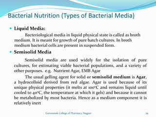  Liquid Media:
Bacteriological media in liquid physical state is called as broth
medium. It is meant for growth of pure batch cultures. In broth
medium bacterial cells are present in suspended form.
 Semisolid Media
Semisolid media are used widely for the isolation of pure
cultures, for estimating viable bacterial populations, and a variety of
other purposes. e.g. Nutrient Agar, EMB Agar
The usual gelling agent for solid or semisolid medium is Agar,
a hydrocolloid derived from red algae. Agar is used because of its
unique physical properties (it melts at 100oC and remains liquid until
cooled to 40oC, the temperature at which it gels) and because it cannot
be metabolized by most bacteria. Hence as a medium component it is
relatively inert
Bacterial Nutrition (Types of Bacterial Media)
29
Gurunanak College of Pharmacy, Nagpur
 