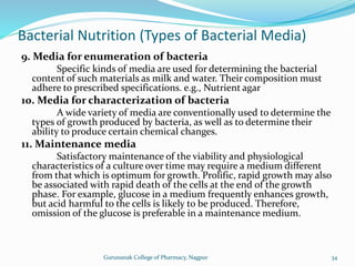 9. Media for enumeration of bacteria
Specific kinds of media are used for determining the bacterial
content of such materials as milk and water. Their composition must
adhere to prescribed specifications. e.g., Nutrient agar
10. Media for characterization of bacteria
A wide variety of media are conventionally used to determine the
types of growth produced by bacteria, as well as to determine their
ability to produce certain chemical changes.
11. Maintenance media
Satisfactory maintenance of the viability and physiological
characteristics of a culture over time may require a medium different
from that which is optimum for growth. Prolific, rapid growth may also
be associated with rapid death of the cells at the end of the growth
phase. For example, glucose in a medium frequently enhances growth,
but acid harmful to the cells is likely to be produced. Therefore,
omission of the glucose is preferable in a maintenance medium.
Bacterial Nutrition (Types of Bacterial Media)
34
Gurunanak College of Pharmacy, Nagpur
 