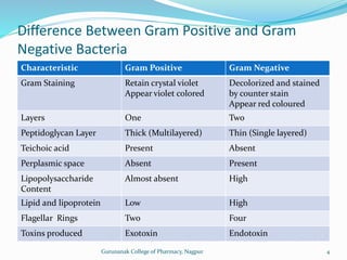 Difference Between Gram Positive and Gram
Negative Bacteria
Characteristic Gram Positive Gram Negative
Gram Staining Retain crystal violet
Appear violet colored
Decolorized and stained
by counter stain
Appear red coloured
Layers One Two
Peptidoglycan Layer Thick (Multilayered) Thin (Single layered)
Teichoic acid Present Absent
Perplasmic space Absent Present
Lipopolysaccharide
Content
Almost absent High
Lipid and lipoprotein Low High
Flagellar Rings Two Four
Toxins produced Exotoxin Endotoxin
4
Gurunanak College of Pharmacy, Nagpur
 