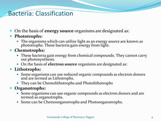  On the basis of energy source organisms are designated as:
 Phototrophs:
 The organisms which can utilize light as an energy source are known as
phototrophs. These bacteria gain energy from light.
 Chemotrophs:
 These bacteria gain energy from chemical compounds. They cannot carry
out photosynthesis.
 On the basis of electron source organisms are designated as:
 Lithotrophs:
 Some organisms can use reduced organic compounds as electron donors
and are termed as Lithotrophs.
 They can be Chemolithotrophs and Photolithotrophs
 Organotrophs:
 Some organisms can use organic compounds as electron donors and are
termed as organotrophs.
 Some can be Chemoorganotrophs and Photoorganotrophs.
Bacteria: Classification
9
Gurunanak College of Pharmacy, Nagpur
 