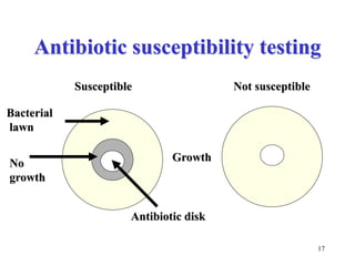 17
No
growth
Antibiotic susceptibility testing
Susceptible Not susceptible
Bacterial
lawn
Growth
Antibiotic disk
 