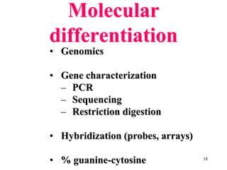 18
Molecular
differentiation
• Genomics
• Gene characterization
– PCR
– Sequencing
– Restriction digestion
• Hybridization (probes, arrays)
• % guanine-cytosine
 