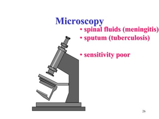 26
Microscopy
• spinal fluids (meningitis)
• sputum (tuberculosis)
• sensitivity poor
 
