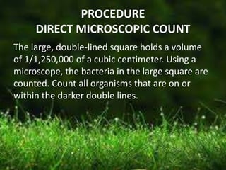 PROCEDURE
DIRECT MICROSCOPIC COUNT
The large, double-lined square holds a volume
of 1/1,250,000 of a cubic centimeter. Using a
microscope, the bacteria in the large square are
counted. Count all organisms that are on or
within the darker double lines.
 