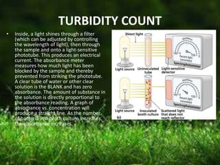 TURBIDITY COUNT
• Inside, a light shines through a filter
(which can be adjusted by controlling
the wavelength of light), then through
the sample and onto a light-sensitive
phototube. This produces an electrical
current. The absorbance meter
measures how much light has been
blocked by the sample and thereby
prevented from striking the phototube.
A clear tube of water or other clear
solution is the BLANK and has zero
absorbance. The amount of substance in
the solution is directly proportional to
the absorbance reading. A graph of
absorbance vs. concentration will
produce a straight line. As the number
of bacteria in a broth culture increases,
the absorbance increases.
 