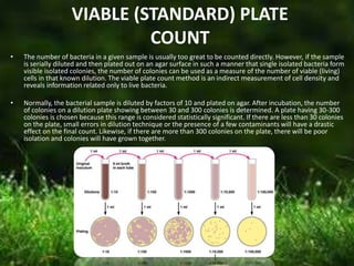 VIABLE (STANDARD) PLATE
COUNT
• The number of bacteria in a given sample is usually too great to be counted directly. However, if the sample
is serially diluted and then plated out on an agar surface in such a manner that single isolated bacteria form
visible isolated colonies, the number of colonies can be used as a measure of the number of viable (living)
cells in that known dilution. The viable plate count method is an indirect measurement of cell density and
reveals information related only to live bacteria.
• Normally, the bacterial sample is diluted by factors of 10 and plated on agar. After incubation, the number
of colonies on a dilution plate showing between 30 and 300 colonies is determined. A plate having 30-300
colonies is chosen because this range is considered statistically significant. If there are less than 30 colonies
on the plate, small errors in dilution technique or the presence of a few contaminants will have a drastic
effect on the final count. Likewise, if there are more than 300 colonies on the plate, there will be poor
isolation and colonies will have grown together.
 