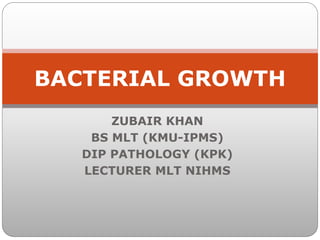 ZUBAIR KHAN
BS MLT (KMU-IPMS)
DIP PATHOLOGY (KPK)
LECTURER MLT NIHMS
BACTERIAL GROWTH
 