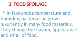 3. FOOD SPOILAGE
* In favourable temperature and
humidity, bacteria can grow
luxuriantly in many food materials.
They change the flavour, appearance
and smell of food.
 