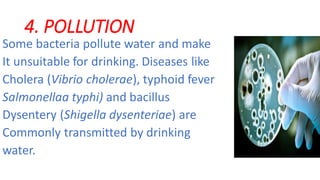 4. POLLUTION
Some bacteria pollute water and make
It unsuitable for drinking. Diseases like
Cholera (Vibrio cholerae), typhoid fever
Salmonellaa typhi) and bacillus
Dysentery (Shigella dysenteriae) are
Commonly transmitted by drinking
water.
 