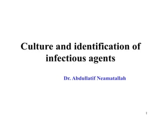 1
Culture and identification of
infectious agents
Dr. Abdullatif Neamatallah
 