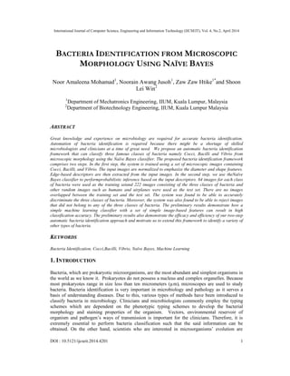 International Journal of Computer Science, Engineering and Information Technology (IJCSEIT), Vol. 4, No.2, April 2014
DOI : 10.5121/ijcseit.2014.4201 1
BACTERIA IDENTIFICATION FROM MICROSCOPIC
MORPHOLOGY USING NAÏVE BAYES
Noor Amaleena Mohamad1
, Noorain Awang Jusoh1
, Zaw Zaw Htike1*
and Shoon
Lei Win2
1
Department of Mechatronics Engineering, IIUM, Kuala Lumpur, Malaysia
2
Department of Biotechnology Engineering, IIUM, Kuala Lumpur Malaysia
ABSTRACT
Great knowledge and experience on microbiology are required for accurate bacteria identification.
Automation of bacteria identification is required because there might be a shortage of skilled
microbiologists and clinicians at a time of great need. We propose an automatic bacteria identification
framework that can classify three famous classes of bacteria namely Cocci, Bacilli and Vibrio from
microscopic morphology using the Naïve Bayes classifier. The proposed bacteria identification framework
comprises two steps. In the first step, the system is trained using a set of microscopic images containing
Cocci, Bacilli, and Vibrio. The input images are normalized to emphasize the diameter and shape features.
Edge-based descriptors are then extracted from the input images. In the second step, we use theNaïve
Bayes classifier to performprobabilistic inference based on the input descriptors. 64 images for each class
of bacteria were used as the training setand 222 images consisting of the three classes of bacteria and
other random images such as humans and airplanes were used as the test set. There are no images
overlapped between the training set and the test set. The system was found to be able to accurately
discriminate the three classes of bacteria. Moreover, the system was also found to be able to reject images
that did not belong to any of the three classes of bacteria. The preliminary results demonstrate how a
simple machine learning classifier with a set of simple image-based features can result in high
classification accuracy. The preliminary results also demonstrate the efficacy and efficiency of our two-step
automatic bacteria identification approach and motivate us to extend this framework to identify a variety of
other types of bacteria.
KEYWORDS
Bacteria Identification, Cocci,Bacilli, Vibrio, Naïve Bayes, Machine Learning
1. INTRODUCTION
Bacteria, which are prokaryotic microorganisms, are the most abundant and simplest organisms in
the world as we know it. Prokaryotes do not possess a nucleus and complex organelles. Because
most prokaryotes range in size less than ten micrometers (µm), microscopes are used to study
bacteria. Bacteria identification is very important in microbiology and pathology as it serves a
basis of understanding diseases. Due to this, various types of methods have been introduced to
classify bacteria in microbiology. Clinicians and microbiologists commonly employ the typing
schemes which are dependent on the phenotypic typing schemes to develop the bacterial
morphology and staining properties of the organism. Vectors, environmental reservoir of
organism and pathogen’s ways of transmission is important for the clinicians. Therefore, it is
extremely essential to perform bacteria classification such that the said information can be
obtained. On the other hand, scientists who are interested in microorganisms’ evolution are
 