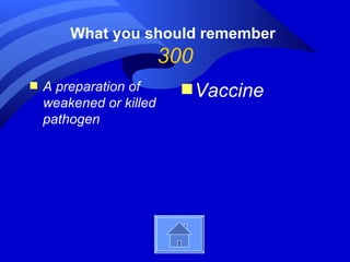 What you should remember
                         300
s   A preparation of       s Vaccine
    weakened or killed
    pathogen
 
