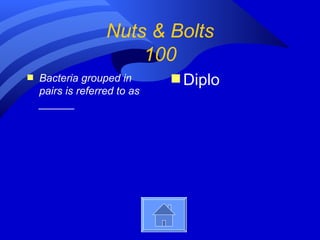 Nuts & Bolts
                       100
s   Bacteria grouped in       s Diplo
    pairs is referred to as
    ______
 