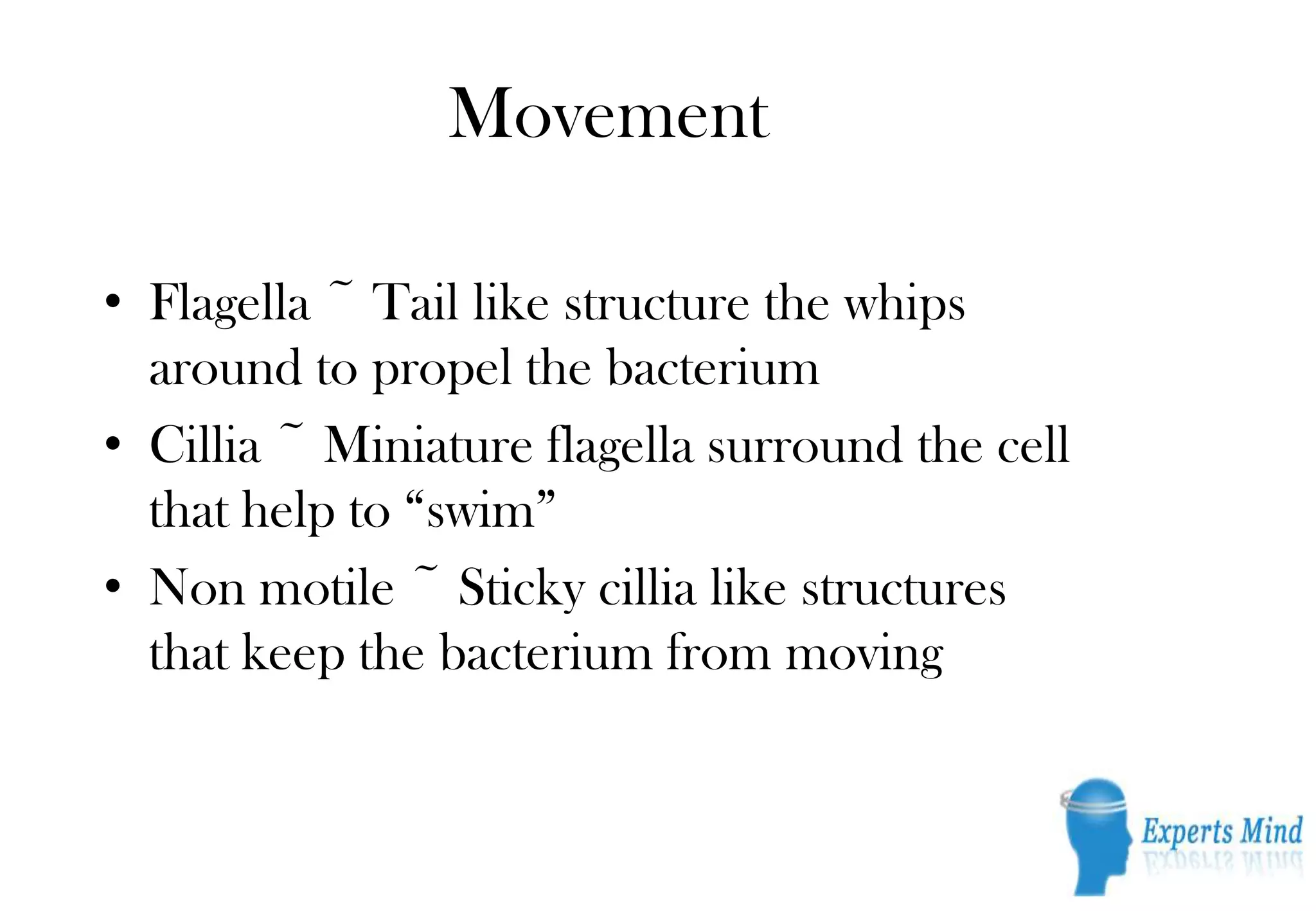 Movement

• Flagella ~ Tail like structure the whips
  around to propel the bacterium
• Cillia ~ Miniature flagella surround the cell
  that help to “swim”
• Non motile ~ Sticky cillia like structures
  that keep the bacterium from moving
 