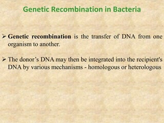  Genetic recombination is the transfer of DNA from one
organism to another.
 The donor’s DNA may then be integrated into the recipient's
DNA by various mechanisms - homologous or heterologous
Genetic Recombination in Bacteria
 