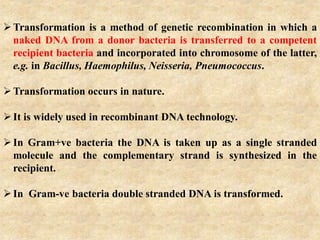 Transformation is a method of genetic recombination in which a
naked DNA from a donor bacteria is transferred to a competent
recipient bacteria and incorporated into chromosome of the latter,
e.g. in Bacillus, Haemophilus, Neisseria, Pneumococcus.
Transformation occurs in nature.
It is widely used in recombinant DNA technology.
In Gram+ve bacteria the DNA is taken up as a single stranded
molecule and the complementary strand is synthesized in the
recipient.
In Gram-ve bacteria double stranded DNA is transformed.
 