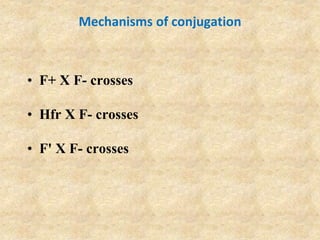 Mechanisms of conjugation
• F+ X F- crosses
• Hfr X F- crosses
• F' X F- crosses
 