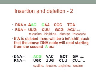 Insertion and deletion - 2
• DNA = AAC GAA CGC TGA
• RNA = UUG CUU GCG ACU….
= leucine, histidine, alanine, threonine
• If A is deleted there will be a left shift such
that the above DNA code will read starting
from the second A as:
• DNA = ACG AAC GCT GA…..
RNA = UGC UUG CUU CU……
cystine, leucine, arginine, leucine
 