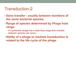 Transduction-2
• Gene transfer - usually between members of
the same bacterial species.
• Range of species determined by Phage host
range.
• if a particular phage has a wide host range then transfer
between species can occur.
• Ability of a phage to mediate transduction is
related to the life cycle of the phage
 