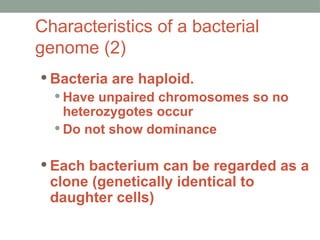 Characteristics of a bacterial
genome (2)
 Bacteria are haploid.
 Have unpaired chromosomes so no
heterozygotes occur
 Do not show dominance
 Each bacterium can be regarded as a
clone (genetically identical to
daughter cells)
 