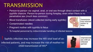 TRANSMISSION
• Person-to-person via vaginal, anal, or oral sex through direct contact with a
syphilis chancre. Person-to-person during foreplay, even when there is no
penetrative sex (much less common)
• Blood transfusion (blood collected during early syphilis)
• Contaminated needles
• Pregnant mother with syphilis to fetus
• To hospital personnel by indiscriminate handling of infected lesions
! Syphilis infection may increase the HIV viral load of co-
infected patients, and may increase the risk of mother-to-
child transmission of HIV*
 