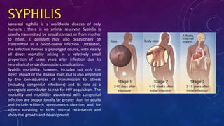 SYPHILIS
Venereal syphilis is a worldwide disease of only
humans ; there is no animal reservoir. Syphilis is
usually transmitted by sexual contact or from mother
to infant. T. pallidum may also occasionally be
transmitted as a blood‐borne infection. Untreated,
the infection follows a prolonged course, with nearly
all direct mortality arising in a relatively small
proportion of cases years after infection due to
neurological or cardiovascular complications.
Syphilis morbidity, however, includes not only the
direct impact of the disease itself, but is also amplified
by the consequences of transmission to others
(including congenital infections) and its role as a
synergistic contributor to risk for HIV acquisition. The
mortality and morbidity associated with congenital
infection are proportionally far greater than for adults
and include stillbirth, spontaneous abortion, and, for
infants surviving to birth, mental retardation and
abnormal growth and development
 