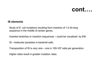cont…. IS elements Study of  E. coli  mutations resulting from insertion of 1-2 kb long sequence in the middle of certain genes. Inserted stretches or insertion sequences – could be visualized  by EM. IS - molecular parasites in bacterial cells. Transposition of IS is very rare – one in 105-107 cells per generation. Higher rates result in greater mutation rates. 
