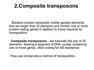 2.Composite transposons  Bacteria contain composite mobile genetic elements that are larger than IS elements and contain one or more protein-coding genes in addition to those required for transposition: Composite transposons  - are basically the pair of IS elements  flanking a segment of DNA usually containing one or more genes, often coding for AB resistance. They use conservative method of transposition. 
