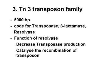 3. Tn 3 transposon family -  5000 bp -  code for Transposase,  β -lactamase, Resolvase -  Function of resolvase Decrease Transposase production Catalyse the recombination of     transposon 