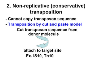 2. Non-replicative (conservative) transposition - Cannot copy transposon sequence -  Transposition by cut and paste model Cut transposon sequence from    donor molecule attach to target site Ex. IS10, Tn10 