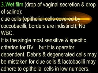 3. Wet film  (drop of vaginal secretion & drop of saline):  clue cells (epithelial cells covered by coccobacilli, borders are indistinct), No WBC.  It is the single most sensitive & specific criterion for BV. , but it is operator dependent. Debris & degenerated cells may be mistaken for clue cells & lactobacilli may adhere to epithelial cells in low numbers.  . 