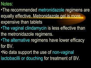 Notes: The recommended  metronidazole  regimens are equally effective. Metronidazole gel is more expensive than tablets The vaginal clindamycin  is less effective than the metronidazole regimens. The alternative  regimens have lower efficacy for BV. No data support the use of  non-vaginal lactobacilli or douching  for treatment of BV.  