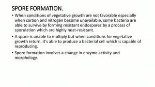 SPORE FORMATION.
• When conditions of vegetative growth are not favorable especially
when carbon and nitrogen become unavailable, some bacteria are
able to survive by forming resistant endospores by a process of
sporulation which are highly heat-resistant.
• A spore is unable to multiply but when conditions for vegetative
growth return, it’s able to produce a bacterial cell which is capable of
reproducing.
• Spore formation involves a change in enzyme activity and
morphology.
 