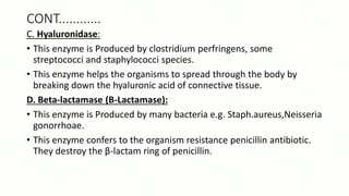 CONT............
C. Hyaluronidase:
• This enzyme is Produced by clostridium perfringens, some
streptococci and staphylococci species.
• This enzyme helps the organisms to spread through the body by
breaking down the hyaluronic acid of connective tissue.
D. Beta-lactamase (B-Lactamase):
• This enzyme is Produced by many bacteria e.g. Staph.aureus,Neisseria
gonorrhoae.
• This enzyme confers to the organism resistance penicillin antibiotic.
They destroy the β-lactam ring of penicillin.
 