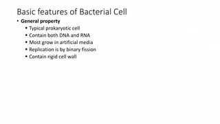 Basic features of Bacterial Cell
• General property
 Typical prokaryotic cell
 Contain both DNA and RNA
 Most grow in artificial media
 Replication is by binary fission
 Contain rigid cell wall
 