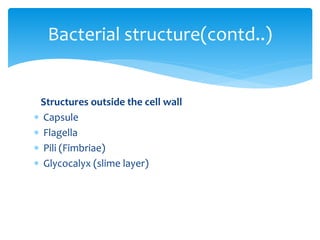Structures outside the cell wall
 Capsule
 Flagella
 Pili (Fimbriae)
 Glycocalyx (slime layer)
Bacterial structure(contd..)
 