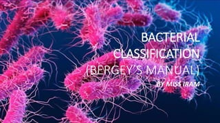 BACTERIAL
CLASSIFICATION
(BERGEY’S MANUAL)
BY MISS IRAM
 