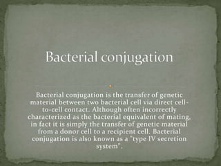 Bacterial conjugation is the transfer of genetic
material between two bacterial cell via direct cell-
to-cell contact. Although often incorrectly
characterized as the bacterial equivalent of mating,
in fact it is simply the transfer of genetic material
from a donor cell to a recipient cell. Bacterial
conjugation is also known as a "type IV secretion
system".
 