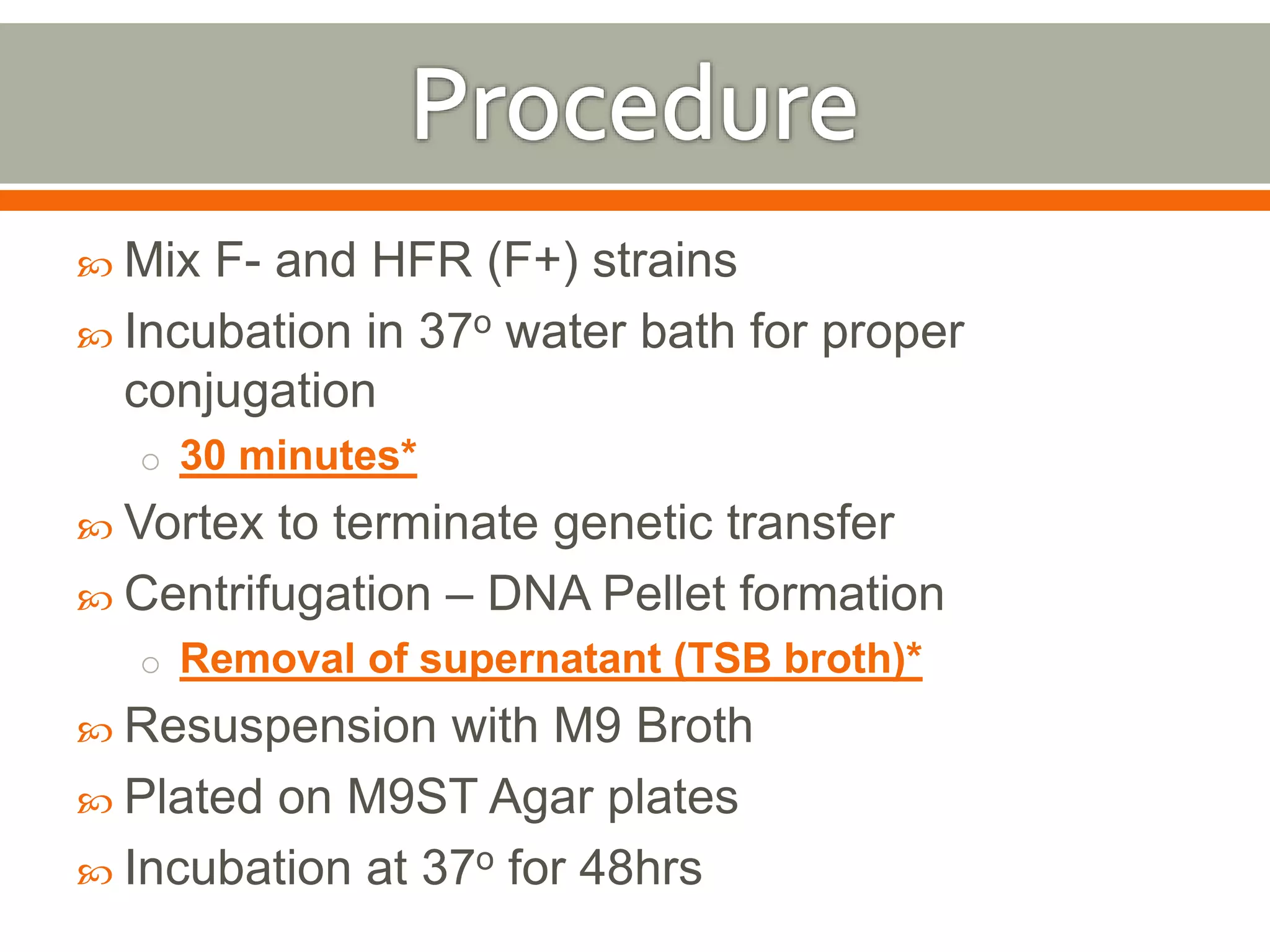  Mix F- and HFR (F+) strains 
 Incubation in 37o water bath for proper 
conjugation 
o 30 minutes* 
 Vortex to terminate genetic transfer 
 Centrifugation – DNA Pellet formation 
o Removal of supernatant (TSB broth)* 
 Resuspension with M9 Broth 
 Plated on M9ST Agar plates 
 Incubation at 37o for 48hrs 
 