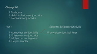 Chlamydial :
1. Trachoma
2. Adult inclusion conjunctivitis
3. Neonatal conjunctivitis
Viral : Epidemic keratoconjunctivitis
1. Adenovirus conjunctivitis Pharyngoconjunctival fever
2. Enterovirus conjunctivitis
3. Molluscum contagiosum
4. Herpes simplex
 