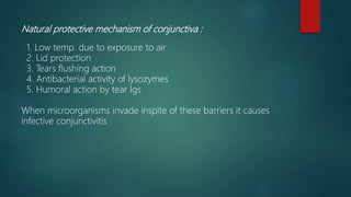 Natural protective mechanism of conjunctiva :
1. Low temp. due to exposure to air
2. Lid protection
3. Tears flushing action
4. Antibacterial activity of lysozymes
5. Humoral action by tear Igs
When microorganisms invade inspite of these barriers it causes
infective conjunctivitis
 
