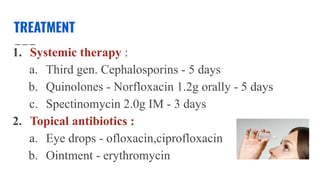 TREATMENT
1. Systemic therapy :
a. Third gen. Cephalosporins - 5 days
b. Quinolones - Norfloxacin 1.2g orally - 5 days
c. Spectinomycin 2.0g IM - 3 days
2. Topical antibiotics :
a. Eye drops - ofloxacin,ciprofloxacin
b. Ointment - erythromycin
 
