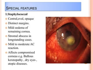 SPECIAL FEATURES
1.Staphylococcal
 Central,oval, opaque
 Distinct margins.
 Mild oedema of
remaining cornea.
 Stromal abscess in
longstanding cases.
 Mild to moderate AC
reaction.
 Affects compromised
corneas e.g. Bullous
keratopathy , dry eyes ,
atopic diseases.

 