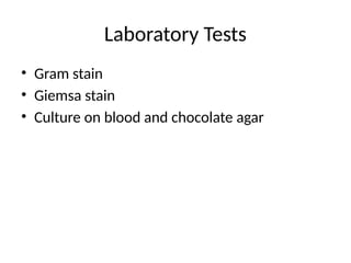 Laboratory Tests
• Gram stain
• Giemsa stain
• Culture on blood and chocolate agar
 