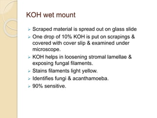 KOH wet mount
 Scraped material is spread out on glass slide
 One drop of 10% KOH is put on scrapings &
covered with cover slip & examined under
microscope.
 KOH helps in loosening stromal lamellae &
exposing fungal filaments.
 Stains filaments light yellow.
 Identifies fungi & acanthamoeba.
 90% sensitive.
 