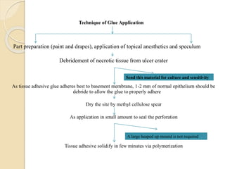 Technique of Glue Application
Part preparation (paint and drapes), application of topical anesthetics and speculum
Debridement of necrotic tissue from ulcer crater
As tissue adhesive glue adheres best to basement membrane, 1-2 mm of normal epithelium should be
debride to allow the glue to properly adhere
Dry the site by methyl cellulose spear
As application in small amount to seal the perforation
Tissue adhesive solidify in few minutes via polymerization
Send this material for culture and sensitivity
A large heaped up mound is not required
 