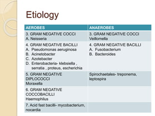 Etiology
AEROBES ANAEROBES
3. GRAM NEGATIVE COCCI
A. Neisseria
3. GRAM NEGATIVE COCCI
Veillomella
4. GRAM NEGATIVE BACILLI
A. Pseudomonas aeruginosa
B. Acinetobacter
C. Azotebacter
D. Enterobacteria- klebsiella ,
serratia , proteus, escherichia
4. GRAM NEGATIVE BACILLI
A. Fusobacterium
B. Bacteroides
5. GRAM NEGATIVE
DIPLOCOCCI
Moraxella
Spirochaetales- treponema,
leptospira
6. GRAM NEGATIVE
COCCOBACILLI
Haemophilus
7. Acid fast bacilli- mycobacterium,
nocardia
 